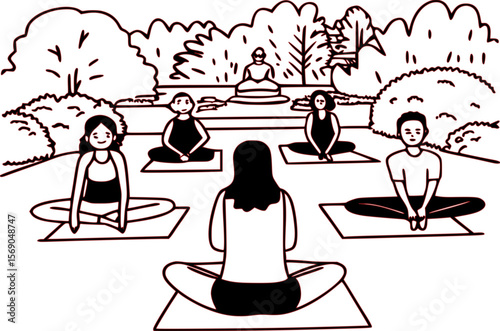 "Minimalist Vector Illustration of Group Outdoor Yoga Session in Nature"

