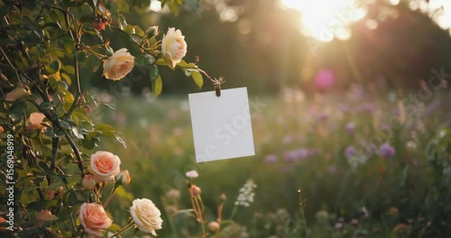 Blank note attached to rose bush in garden at sunset