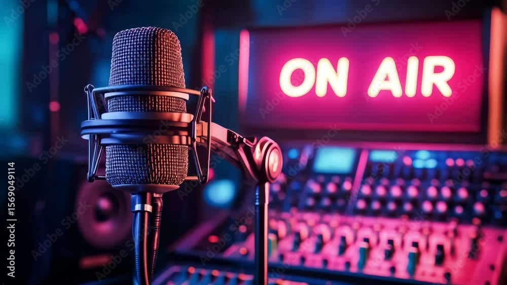 A radio studio setup with a microphone, a mixing console and a lit sign 