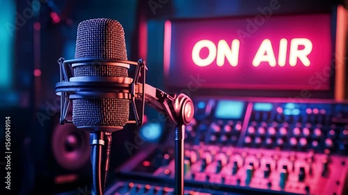 A radio studio setup with a microphone, a mixing console and a lit sign 