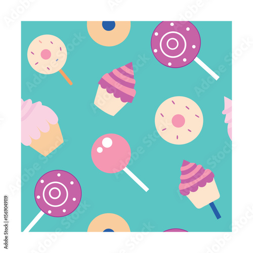Sweet Treats Seamless Pattern with Cupcakes and Donuts
