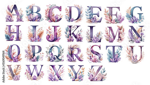 Decorative purple crystal letters A-Z with floral and leaf ornaments for magical design and personalization