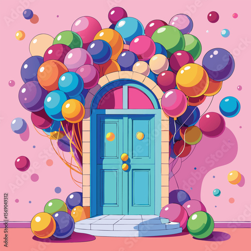 Festive doorway adorned with a vibrant cascade of colorful balloons silhouette