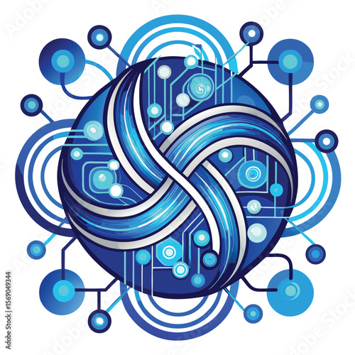 Abstract blue digital network sphere with interconnected nodes and circuits silhouette
