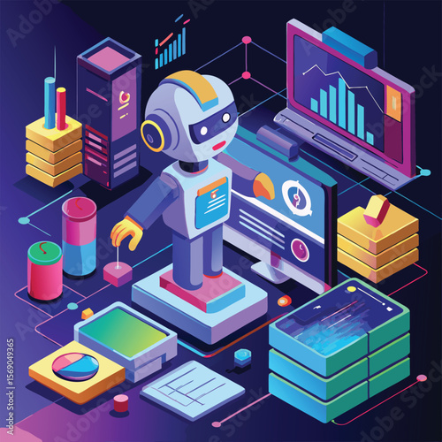 Friendly robot character in a futuristic data analysis environment silhouette