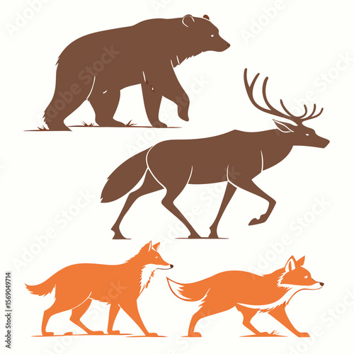 Illustration featuring a bear, deer with antlers, and two foxes in a simple vector style