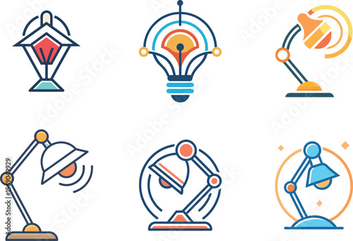 Stylish Desk Lamp Icons Set Perfect for Branding Design Projects needing modern and creative lighting symbols for websites or logos