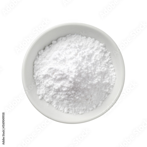 White powdered sugar or icing sugar in a small white bowl isolated on transparent background