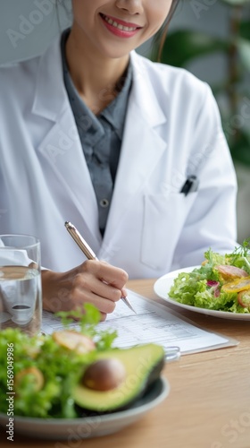 Young Asian female doctor in white coat holding pen and writing on diet chart, table decorated with salad, avocado, and glass of water, vertical framing with clean upper copy space