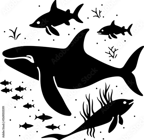 set of black silhouettes of fishes, bird, silhouette, vector, animal, nature, illustration, flying, birds, sea, fish, black, set, wild, wildlife, animals, icon, wings, drawing, shark, fly, wing, hummi