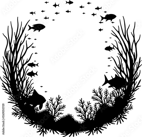 set of black silhouettes of fishes, bird, silhouette, vector, animal, nature, illustration, flying, birds, sea, fish, black, set, wild, wildlife, animals, icon, wings, drawing, shark, fly, wing, hummi