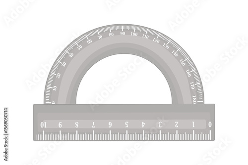 Protractor. Circular protractor with ruler. Instrument of measurement. Tool of design and geometry. Stationery school stuff. Education and school item. Engineer or architect drafting ruler. Vector