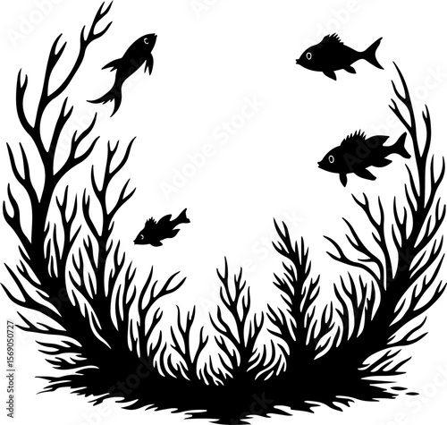 set of black silhouettes of fishes, bird, silhouette, vector, animal, nature, illustration, flying, birds, sea, fish, black, set, wild, wildlife, animals, icon, wings, drawing, shark, fly, wing, hummi