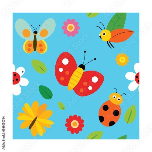 Seamless Spring Insects Pattern with Ladybugs and Bees