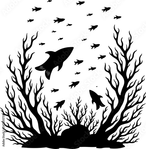 set of black silhouettes of fishes, bird, silhouette, vector, animal, nature, illustration, flying, birds, sea, fish, black, set, wild, wildlife, animals, icon, wings, drawing, shark, fly, wing, hummi