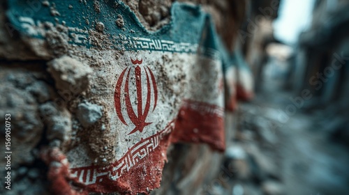 A Fading Symbol: Torn Iranian Flag Against Crumbling Walls in a Desolate Alley