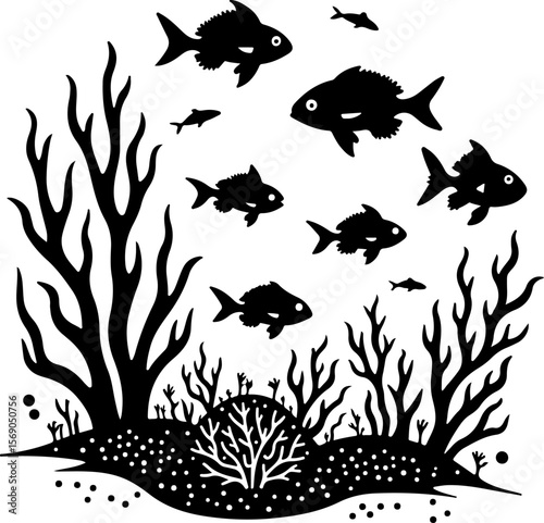set of black silhouettes of fishes, bird, silhouette, vector, animal, nature, illustration, flying, birds, sea, fish, black, set, wild, wildlife, animals, icon, wings, drawing, shark, fly, wing, hummi