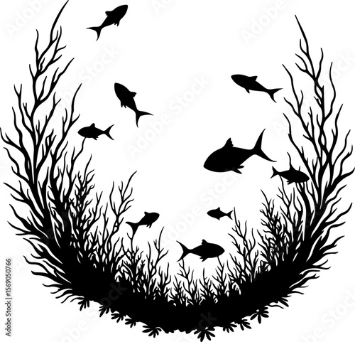 set of black silhouettes of fishes, bird, silhouette, vector, animal, nature, illustration, flying, birds, sea, fish, black, set, wild, wildlife, animals, icon, wings, drawing, shark, fly, wing, hummi