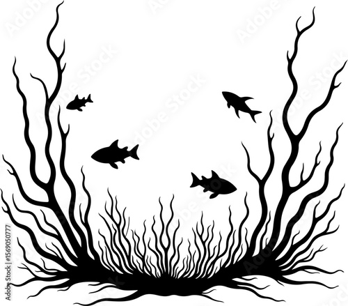 set of black silhouettes of fishes, bird, silhouette, vector, animal, nature, illustration, flying, birds, sea, fish, black, set, wild, wildlife, animals, icon, wings, drawing, shark, fly, wing, hummi