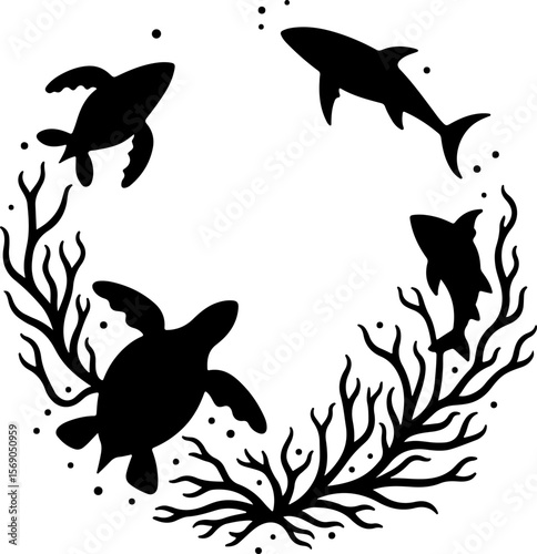 set of black silhouettes of fishes, bird, silhouette, vector, animal, nature, illustration, flying, birds, sea, fish, black, set, wild, wildlife, animals, icon, wings, drawing, shark, fly, wing, hummi