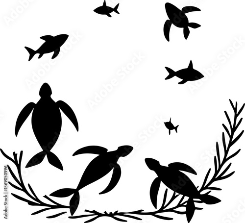 set of black silhouettes of fishes, bird, silhouette, vector, animal, nature, illustration, flying, birds, sea, fish, black, set, wild, wildlife, animals, icon, wings, drawing, shark, fly, wing, hummi
