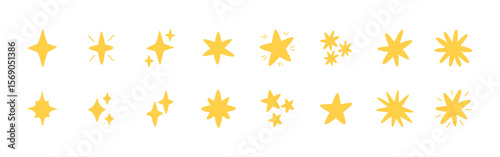 Doodle glitter twinkle star icons set. Yellow hand drawn shine star burst symbol. Sketch magic blink collection. Doodle spark shape icons. Vector illustration on white background.