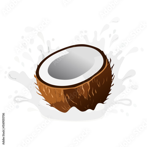 Coconut in Milk Splash - Vector Illustration