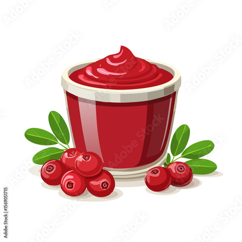 Cartoon cranberry sauce in a bowl surrounded by fresh cranberries and leaves.