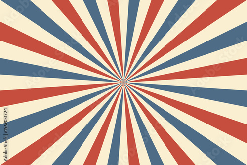 Circus vintage tent background. Retro sun rays pattern. Vintage starburst poster. Star burst radial lines texture. Red stripes. Circus, carnival, summer fair backdrop. Vector illustration.