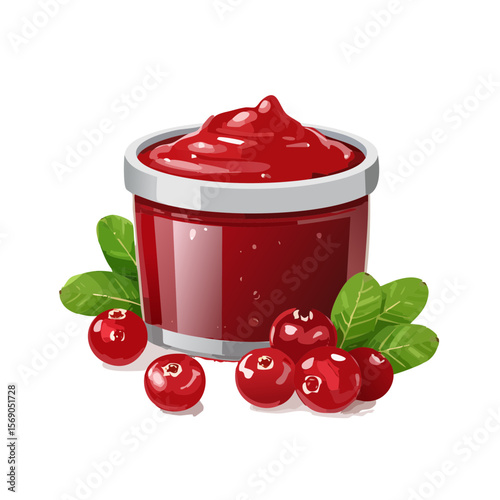 Cranberry sauce in a bowl with fresh cranberries and mint leaves.