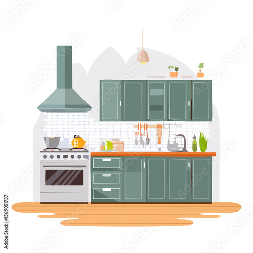 Cozy kitchen illustration with stove, cabinets, and kitchenware