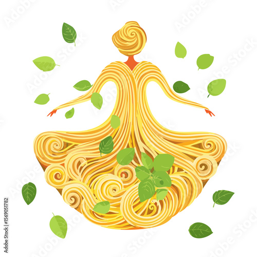 Abstract pasta woman with basil leaves illustration
