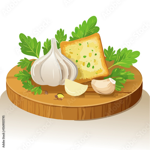 Garlic and Garlic Bread on a Wooden Board Illustration