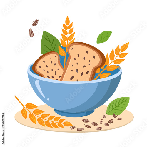 Bowl of Toast with Wheat, Leaves, and Seeds Illustration