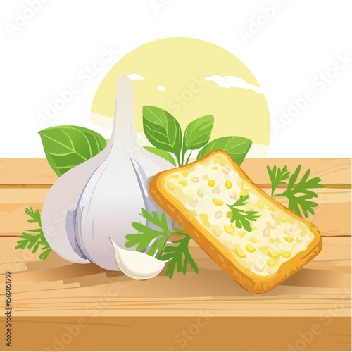 Garlic and Garlic Bread Still Life Illustration
