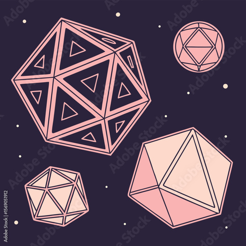 Geometric shapes in pink tones floating against a dark purple background with scattered white dots