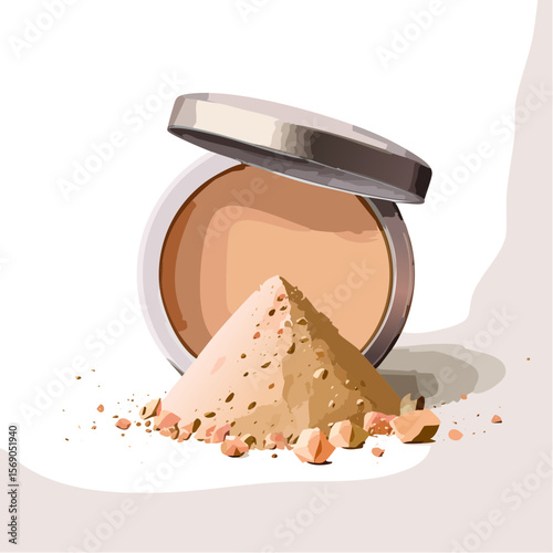 Loose face powder makeup compact with tan powder heap illustration