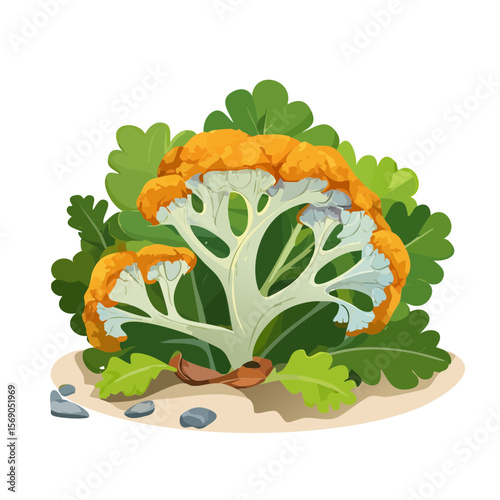 Illustration of Golden Cauliflower with Green Leaves and Soil Details