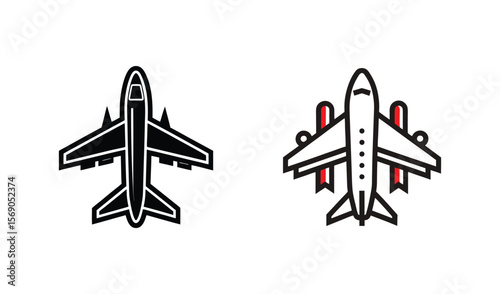 Two stylized airplane icons one black and white the other with red accents