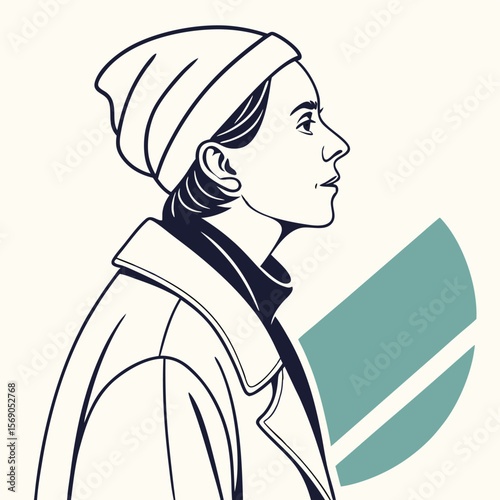 Illustration of a woman in profile wearing a beanie and coat with a geometric teal shape behind her