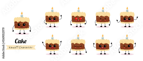 Adorable Cartoon Cake Characters Featuring Various Expressions and Colorful Candles on Top