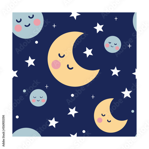 Sleepy Moons Stars and Kids Seamless Design