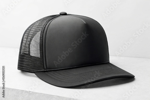 Wallpaper Mural A plain black trucker hat with a mesh back and a smooth front panel is displayed on a light gray surface Torontodigital.ca