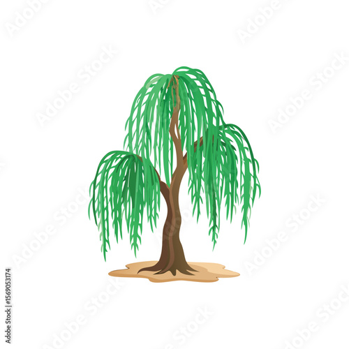 Charming cartoon willow tree with textured trunk and drooping green branches in fairytale style