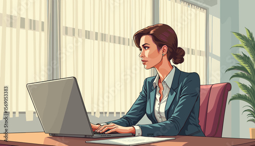 Businesswoman working on laptop in a modern office