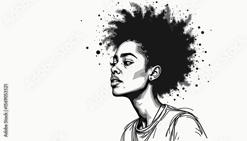 Stylish woman with natural hair posing against abstract background