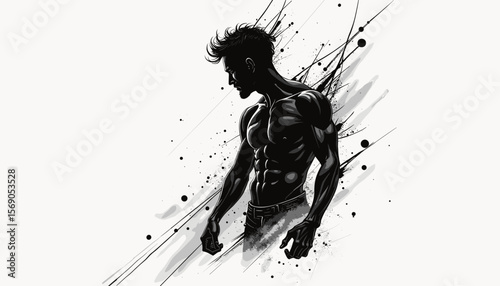 Silhouette of a muscular man posing with artistic splashes
