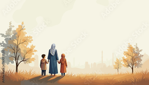 Family holding hands in autumn landscape