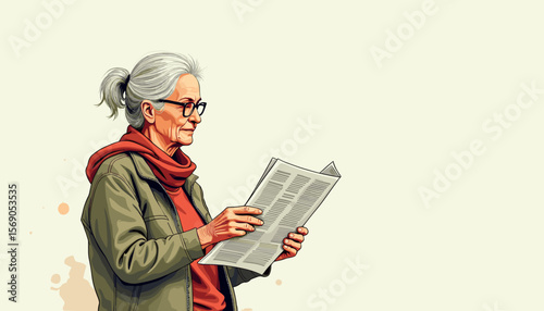 Elderly woman reading newspaper against light background