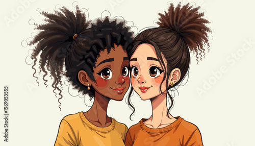 Two girls smiling together with cheerful expressions